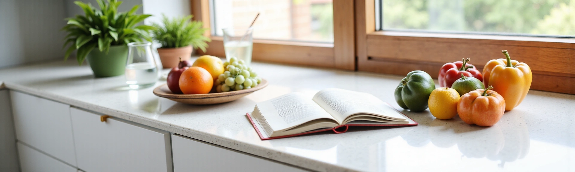Moderní kuchyně s čerstvými ingrediencemi a otevřenou knihou o výživě