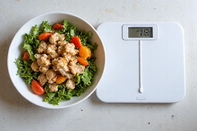 Lehké, zdravé jídlo a váha symbolizující plán pro snížení váhy
