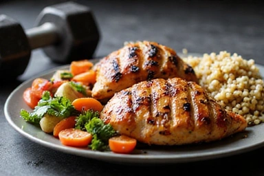 Proteinové jídlo a činky pro nabírání svalové hmoty