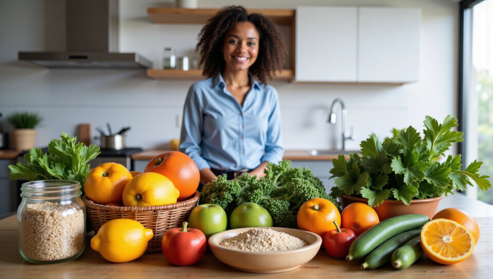 Moderní kuchyně s čerstvým ovocem, zeleninou a celozrnnými produkty, v pozadí usmívající se nutrioložka.