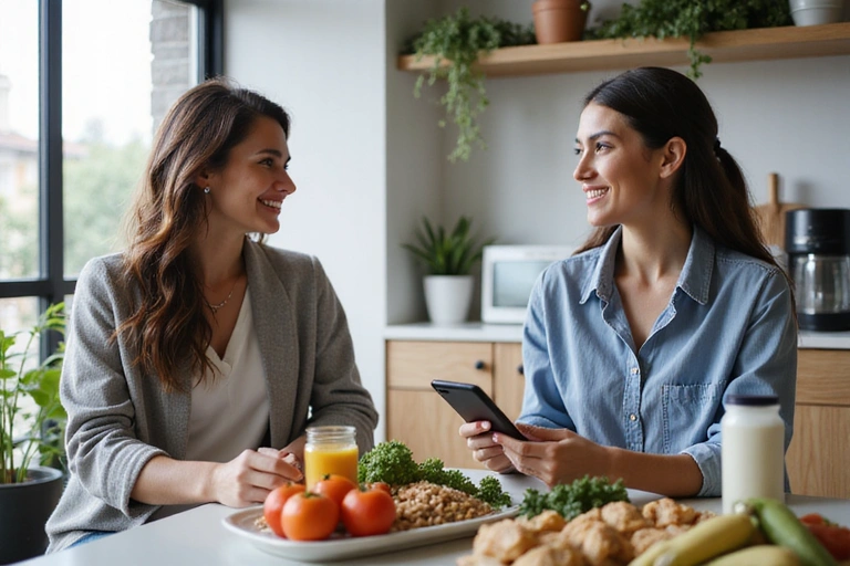 Usmívající se nutrioložka konzultuje s klientkou u stolu, plného zdravých potravin.